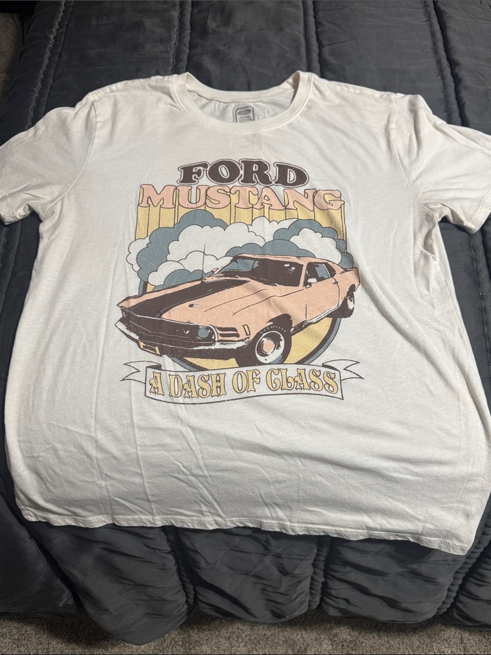 Ford Cream Tee with Peach Mustang Graphic and Retro Lettering